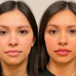 Before and after photo of a patient who received lip filler treatment at Austin Aesthetic Atelier, showing enhanced lip volume and symmetry.
